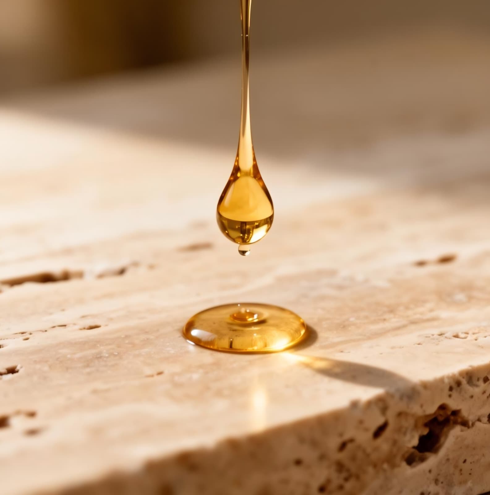 Gota dourada de óleo sobre travertino — ritual Zylevé